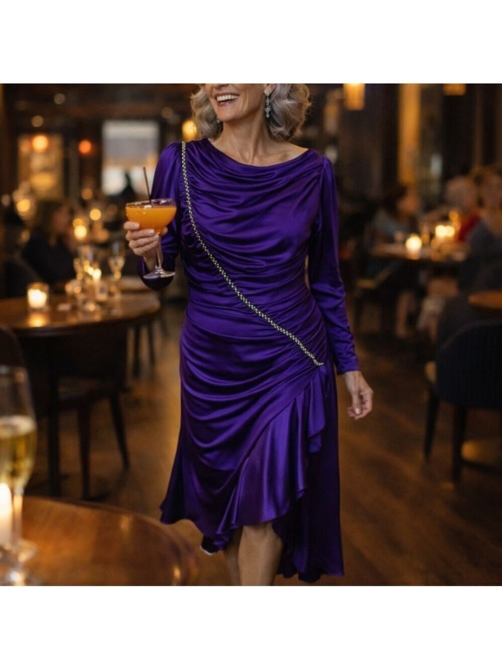 Vintage 80s Glam Purple Ruched Rhinestone Evening Dress Sz 10 M Retro Party Cowl